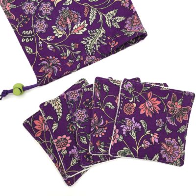 Lot de 5 Lingettes et sa pochette, Fleurs romantiques violettes
