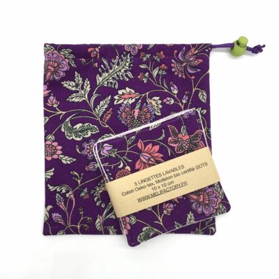 Lot de 5 Lingettes et sa pochette, Fleurs romantiques violettes
